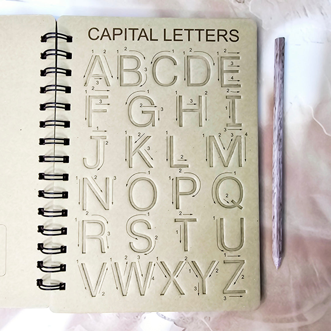 Brown "Learn To Write" tracing board for kids, designed for practicing English alphabet and improving handwriting skills. www.usmile.toys